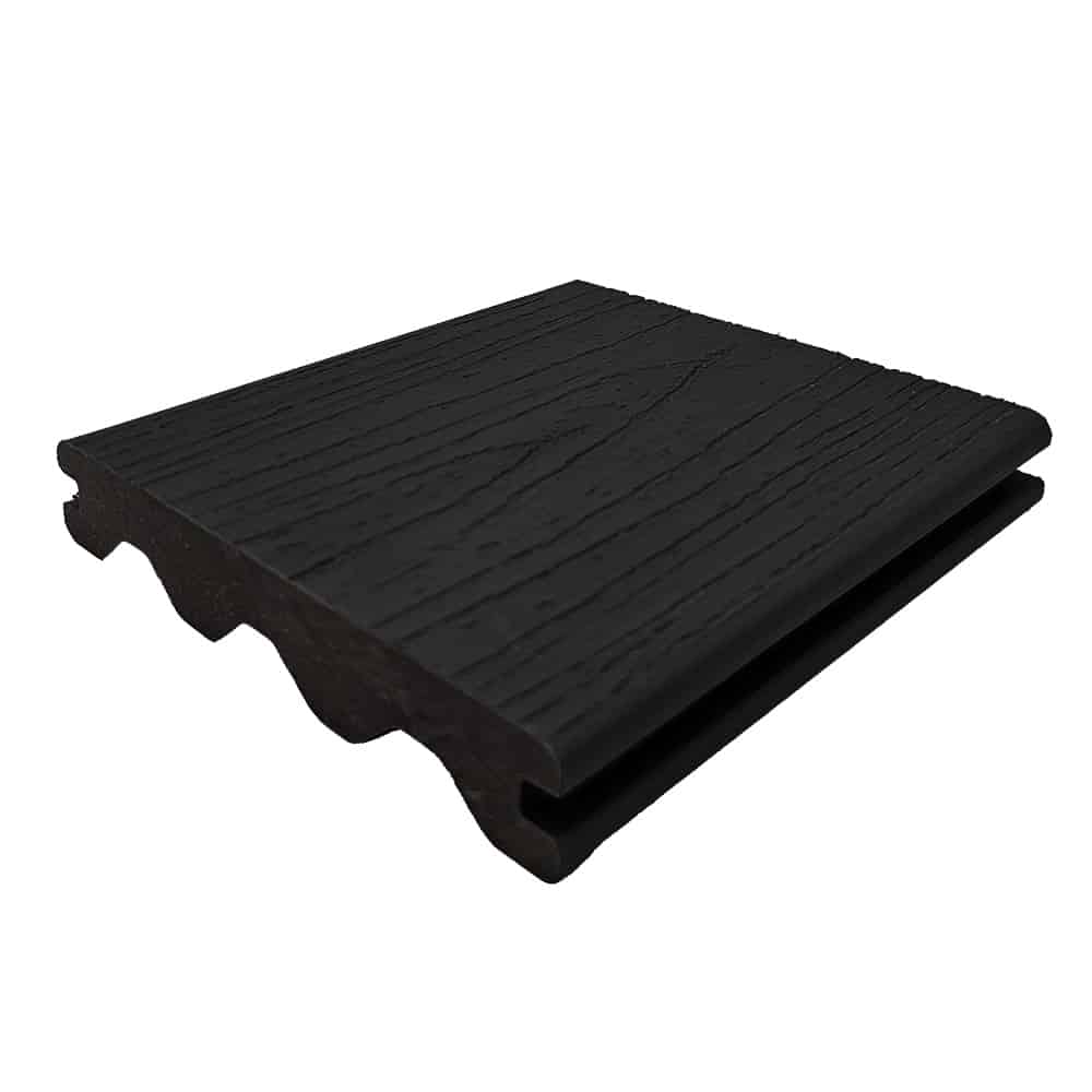 Black Advantage Composite Deck Board | FiberWood Black Advantage decking board with woodgrain texture and tongue-and-groove edge