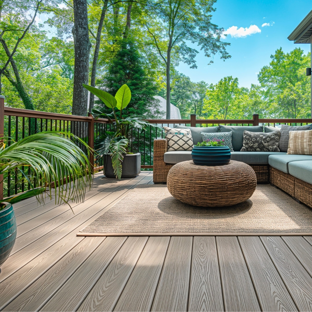 Patio extérieur aménagé avec des meubles de jardin modernes sur une terrasse en composite de bois.