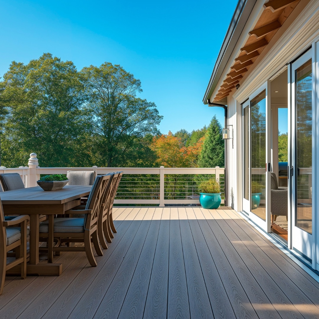Spacious backyard patio with composite wood decking, outdoor dining set, and sleek modern railing under a clear blue sky.