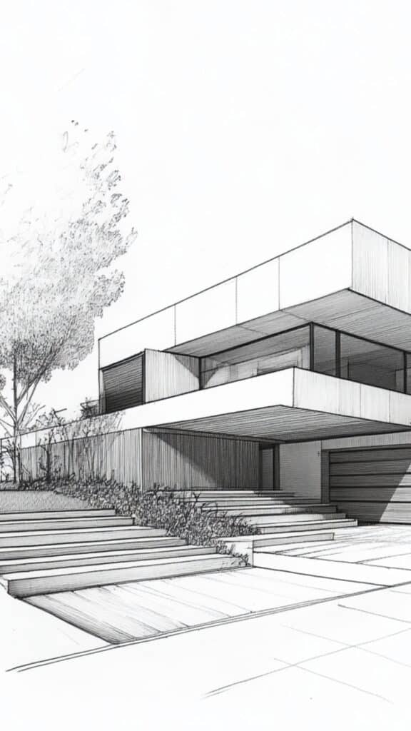 Modern Architectural Vision – Composite Integration Concept Sketch | FiberWood Architectural sketch of a modern home design with layered terraces and integrated landscaping