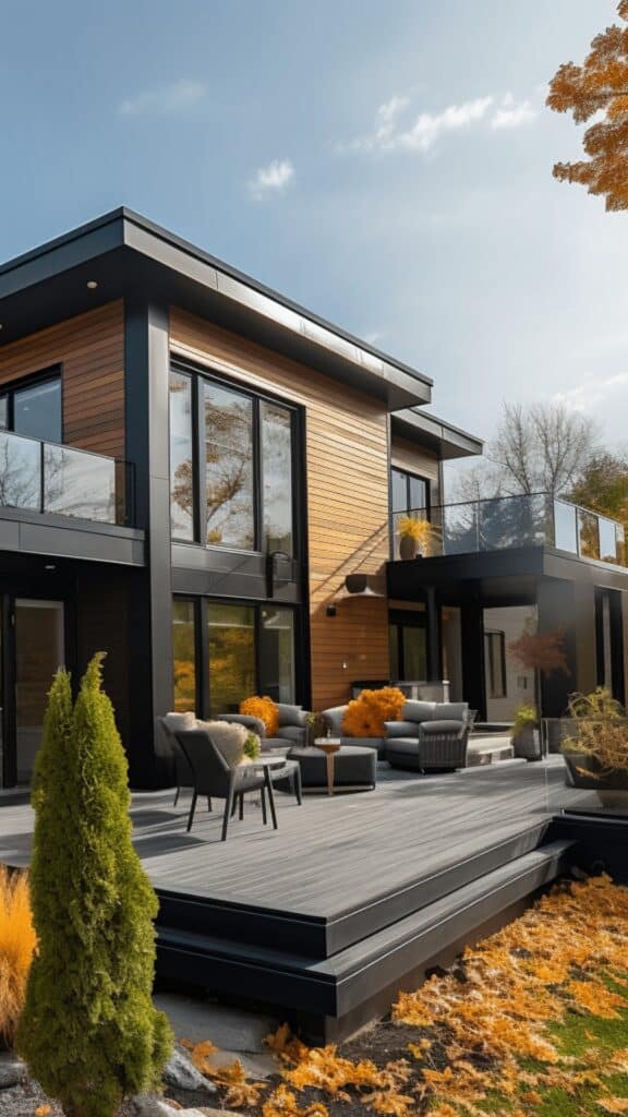 Contemporary backyard with grey composite decking, black trim, and cozy outdoor seating