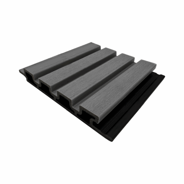 Light grey fluted composite cladding panel in Pearl Grey finish