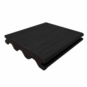 Black Advantage decking board with woodgrain texture and tongue-and-groove edge