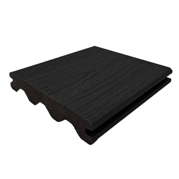 Black Advantage decking board with woodgrain texture and tongue-and-groove edge