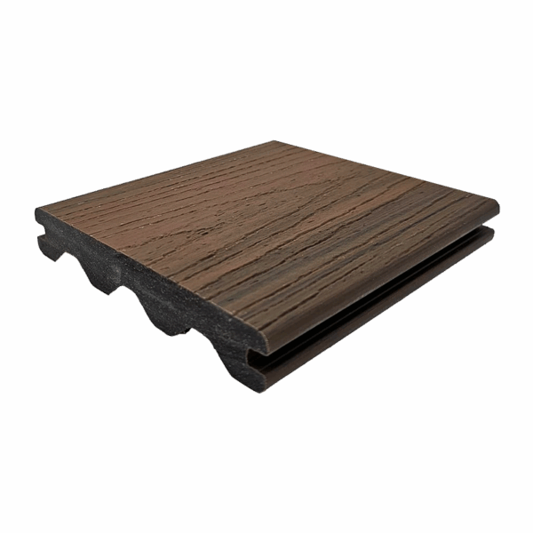 Walnut Advantage decking board with deep brown woodgrain finish and tongue-and-groove edge