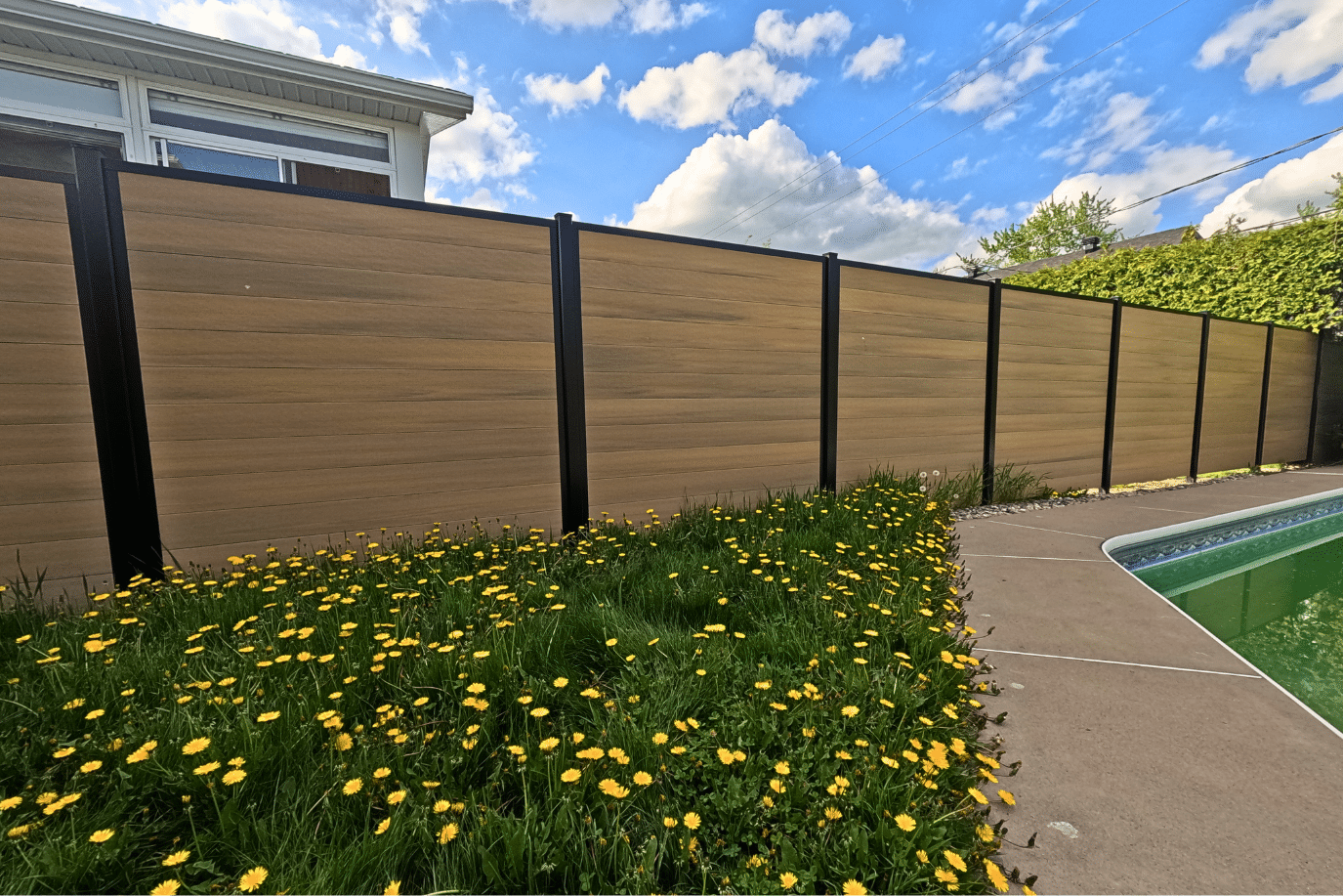 Clôture d’intimité FiberWood en composite finition bois naturel, installée près d’une piscine arrière