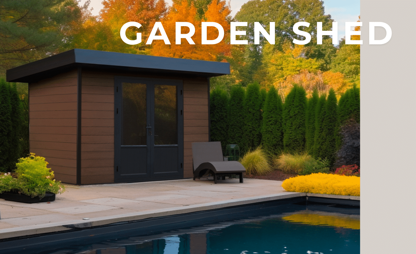 Modern Wood Composite Garden Shed Beside Pool | FiberWood Modern wood composite garden shed by a pool, surrounded by lush greenery and fall-colored trees.