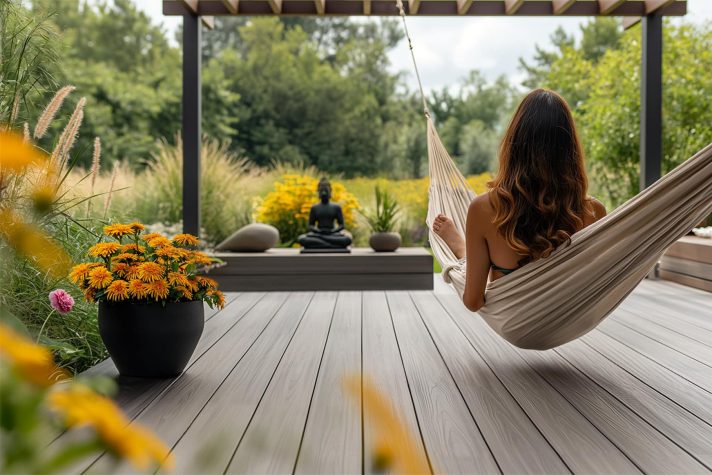 Woman relaxing in a hammock on a FiberWood composite deck with natural landscaping